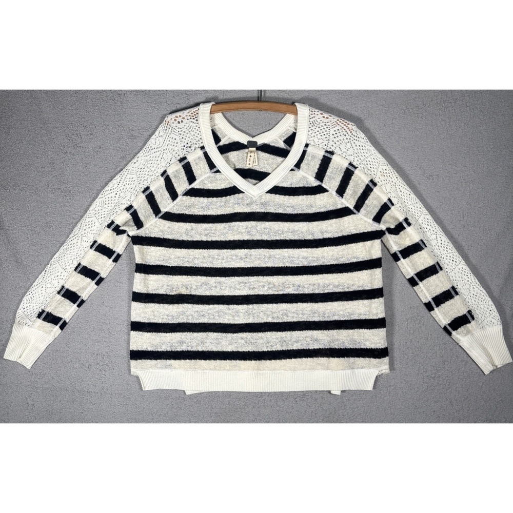 We The Free Free People Ivory Black Striped Crochet Lace Sleeve V-Neck Sweater S
